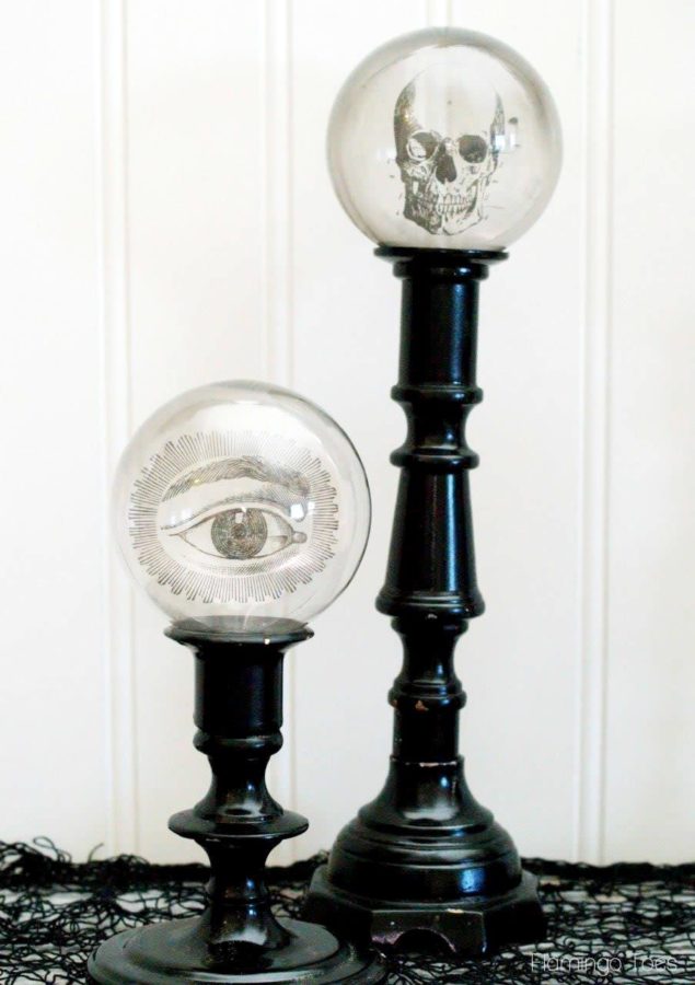 DIY Spooky Crystal Ball Halloween Candlesticks tutorial featured by top US craft blog, Flamingo Toes: Creepy Candlesticks