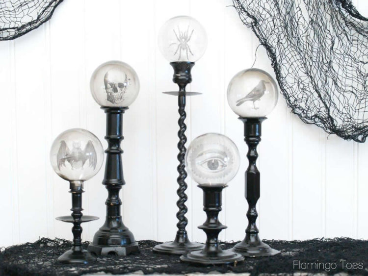 DIY Spooky Crystal Ball Halloween Candlesticks tutorial featured by top US craft blog, Flamingo Toes: Spooky Candlestick Display