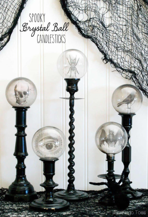 DIY Spooky Crystal Ball Halloween Candlesticks tutorial featured by top US craft blog, Flamingo Toes