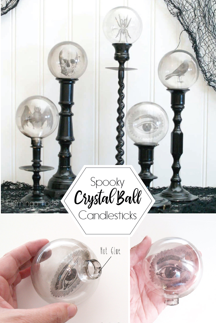 DIY Spooky Crystal Ball Halloween Candlesticks tutorial featured by top US craft blog, Flamingo Toes