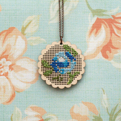 Wooden Floral Cross Stitch Pendant