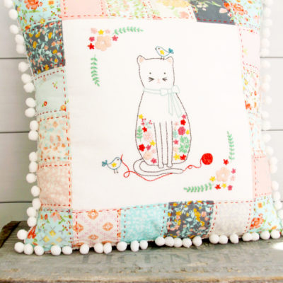 Kitten and Friends Floral Embroidery Pillow