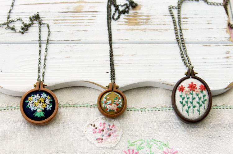 Three Sweet Embroidered Mini Hoop Necklaces