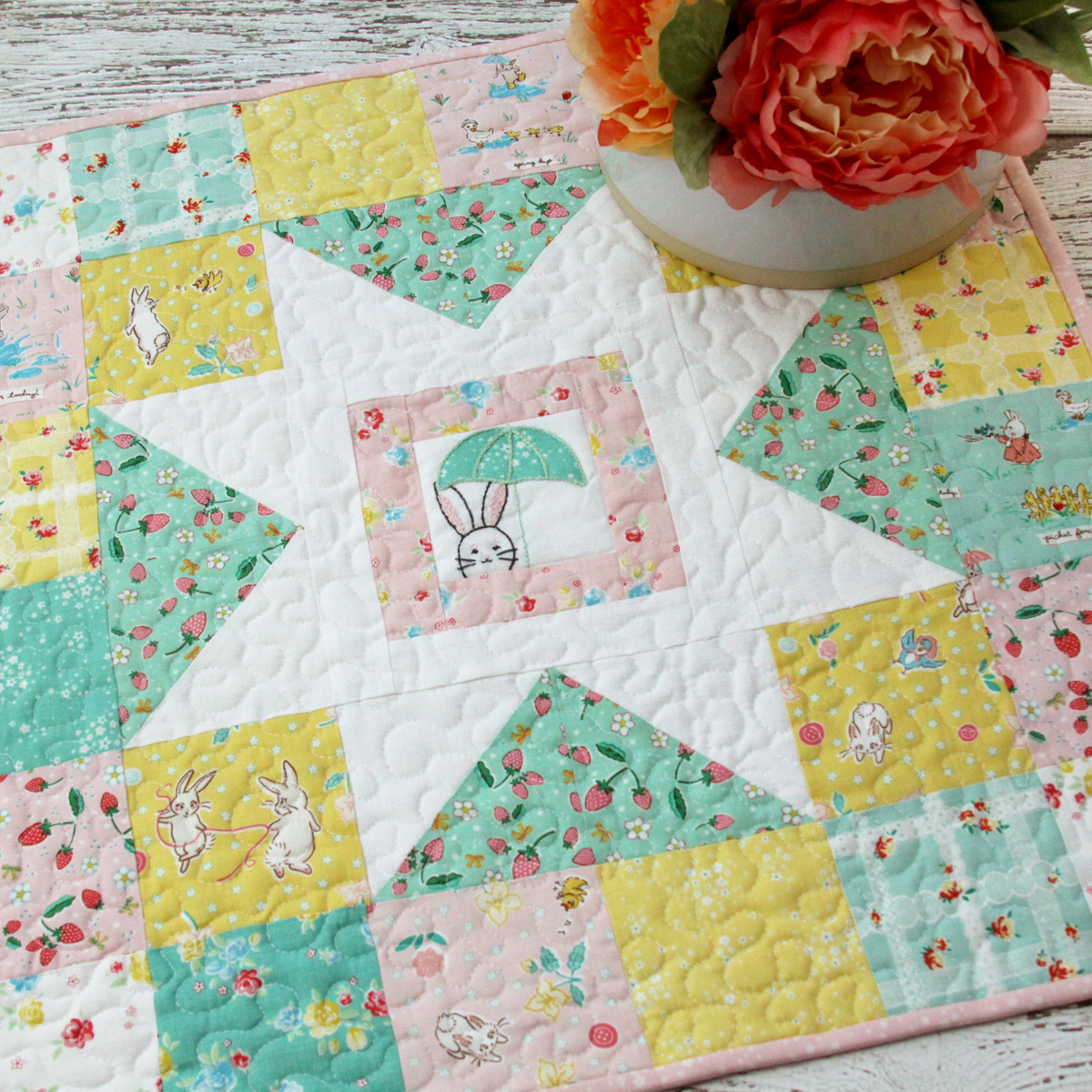 Spring Star Mini Quilt with Bunnies and Blossoms Fabric