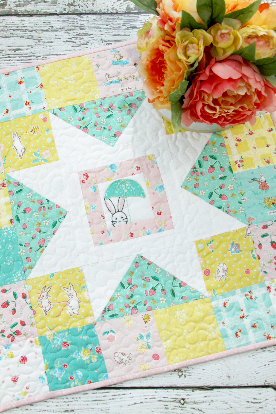 Spring Star Mini Quilt with Bunnies and Blossoms Fabric