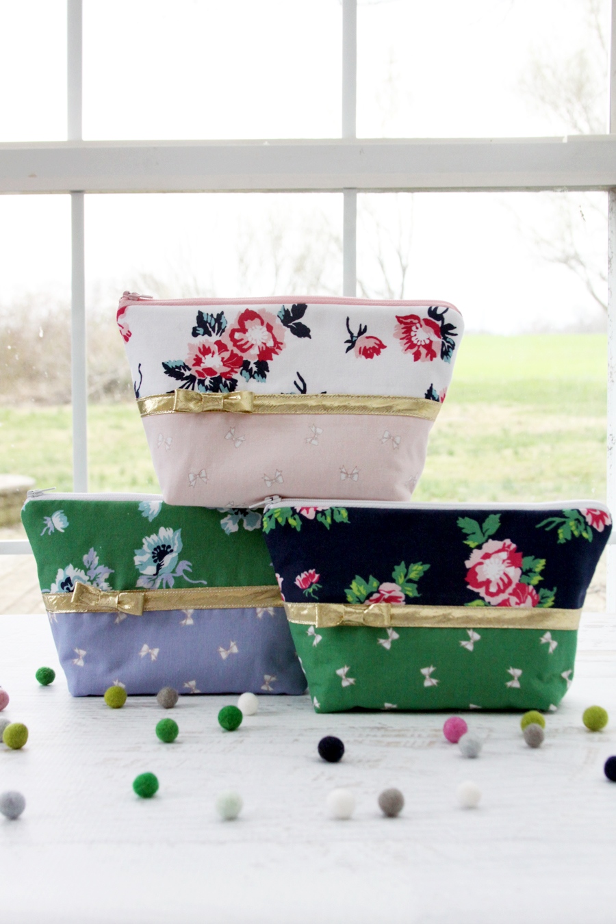 Florals and Bows Zipper Pouches in Derby Day Fabrics