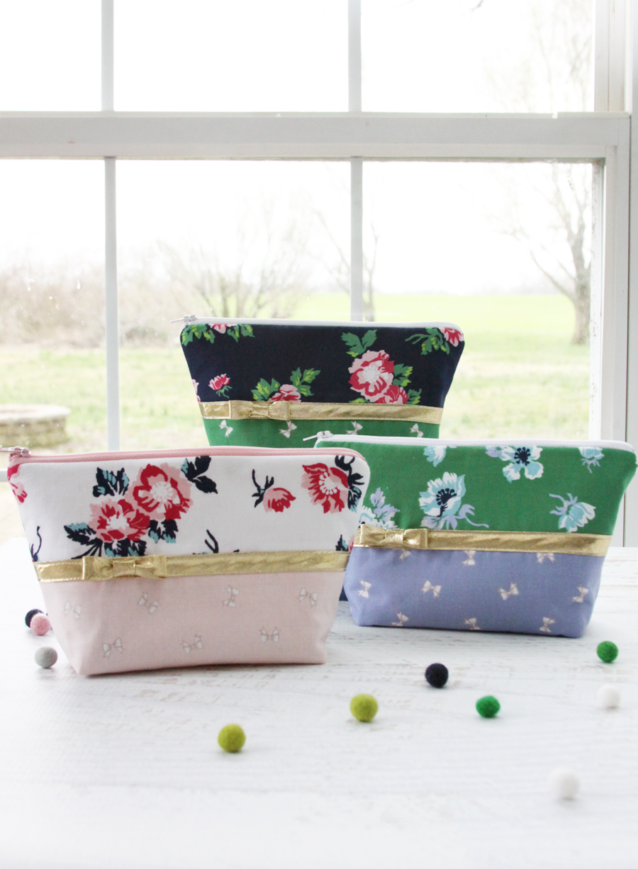 Florals and Bows Zipper Pouches in Derby Day Fabrics