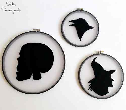 9 DIY Spooky Halloween silhouettes with repurposed vintage embroidery hoops and thrift store fabric by Sadie Seasongoods