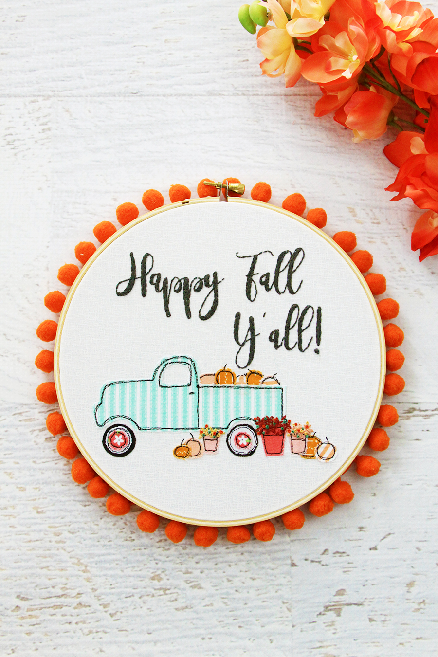 Fall Pumpkin Truck Embroidery Hoop Art - Fall Crafts For Adults