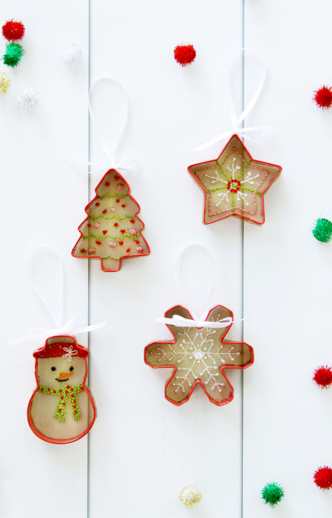 Fabulous and Fun DIY Christmas Ornaments by popular Tennessee craft blog, Flamingo Toes: image of a stitched cookie cutter ornament. 