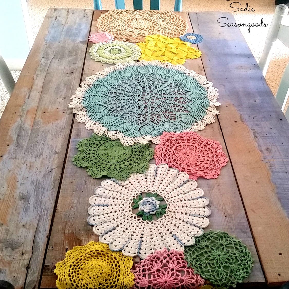 6 Primitive decor or country cottage decor with lace doilies or vintage doilies upcycled into Spring table runner by Sadie Seasongoods