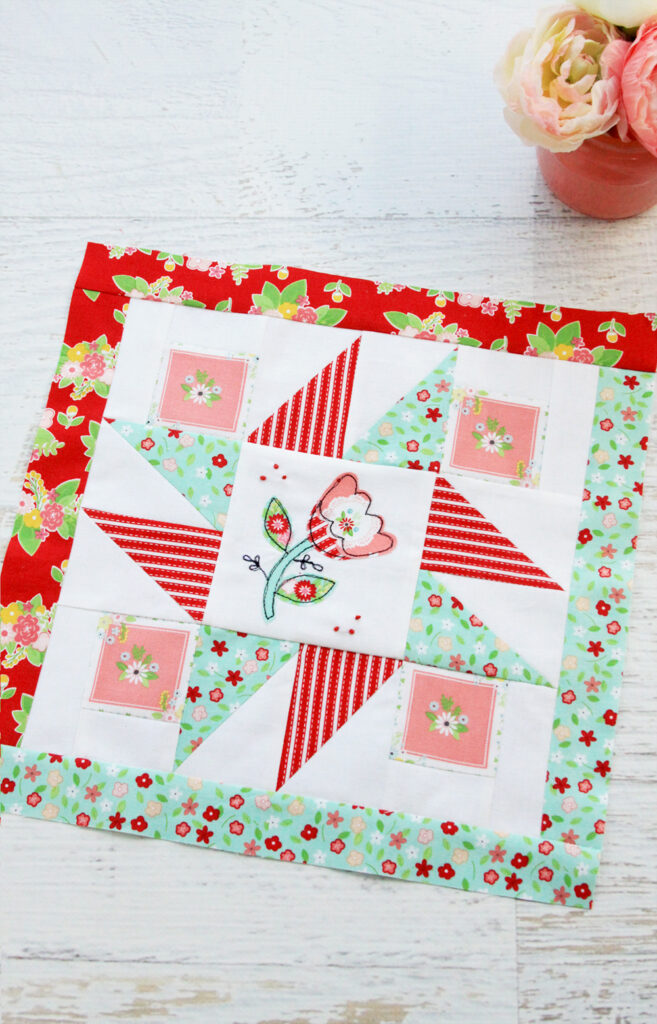 Happy Little Things Quilt Block 4 by popular quilting blog, Flamingo Toes: image of a Happy Little Things quilt block. | Happy Little Things Quilt Finishing by popular Tennessee quilting blog, Flamingo Toes: image of a Happy Little Things Quilt block 4. 