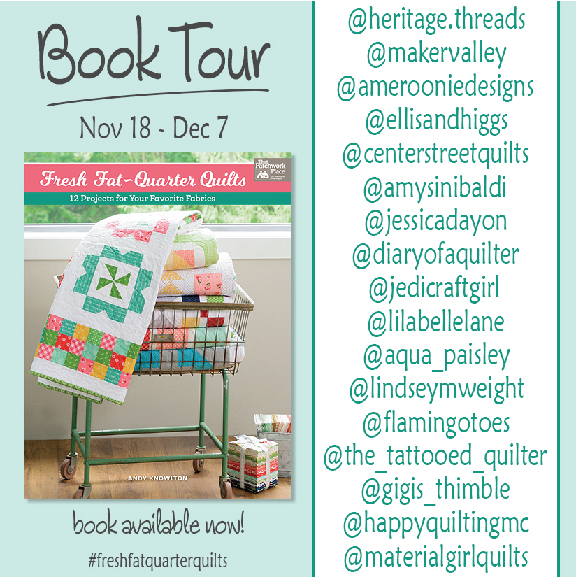 Fresh Fat Quarter Quilts Table Runner by popular Tennessee quilting blog, Flamingo Toes: graphic image of a Fresh Fat Quarter Quilts book tour schedule. 