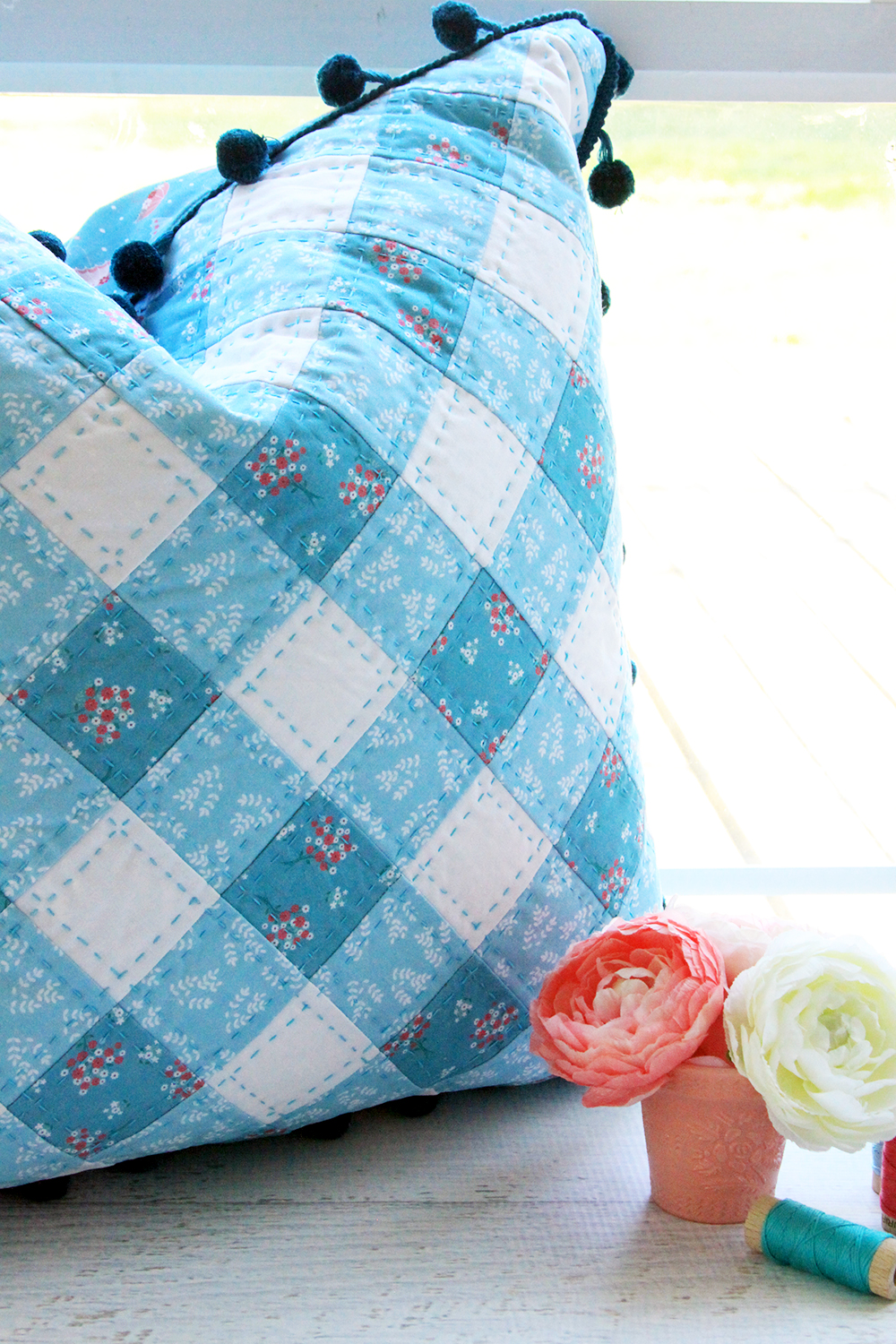 Teal Patchwork Pillow with Hand Quilting