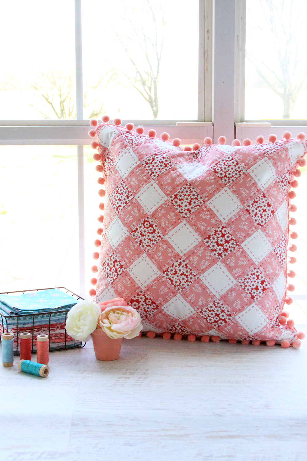 Pink Patchwork Gingham Pillow in Singing in the Rain Fabrics